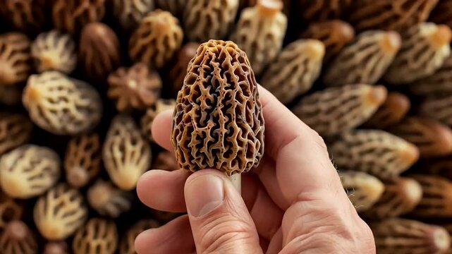A Caucasian male hand holds a fresh morel mushroom, ideal for cooking and sustainable foraging concepts