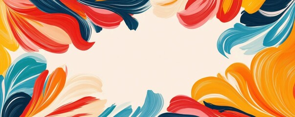 Obraz premium A vibrant, colorful floral design featuring swirling patterns in red, blue, orange, and yellow, creating a lively border around a blank central space.