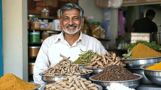 Ayurvedic Market Vendor with Spices and Ingredients