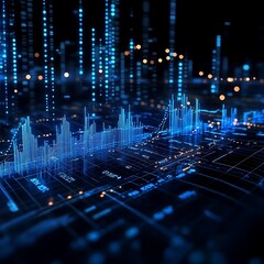 Abstract Digital Data Visualization Showing Dynamic Graphs and Cityscape