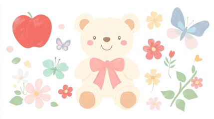 80.A pastel-themed sticker set featuring a smiling teddy bear holding a pink ribbon, colorful butterflies fluttering around, bright red apples, delicate spring flowers, and a four-leaf clover,