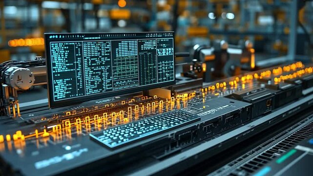 High-tech control panel in a modern industrial facility showcasing data processing and automation