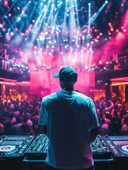 Obraz premium A DJ is standing in front of a sound system in a crowded room