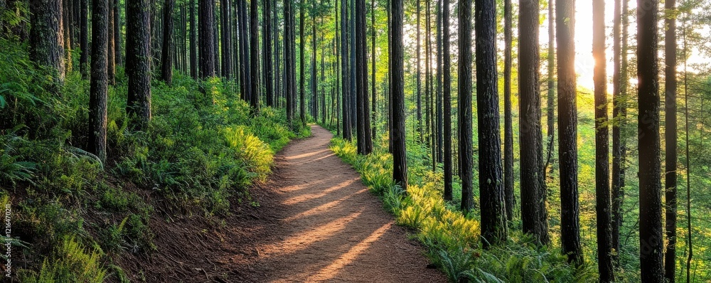 Poster a serene forest path meanders through tall trees, bathed in soft sunlight, inviting exploration and 