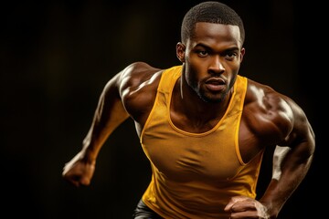 Fototapeta premium Dynamic sprinting athlete in yellow tank top, muscular runner in motion, powerful sports fitness training concept isolated PNG with Transparent Background