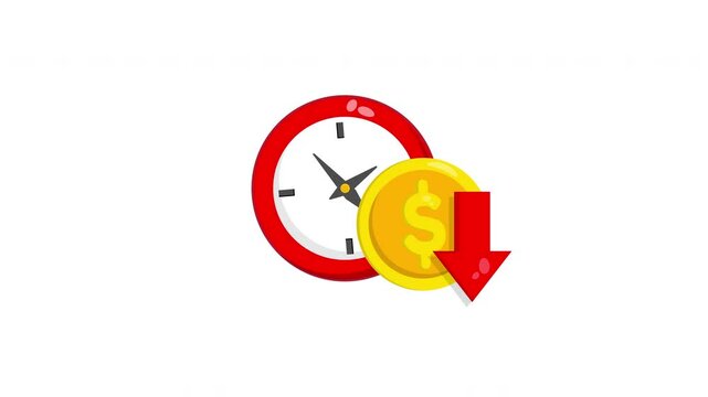 clock with dollar coin down animation. 4K motion animation.