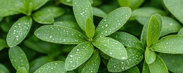 Lush green leaves adorned with droplets of water create a refreshing and vibrant natural scene.