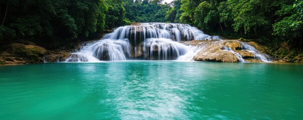A serene waterfall cascades into a turquoise pool, surrounded by lush green foliage, creating a tranquil natural oasis.
