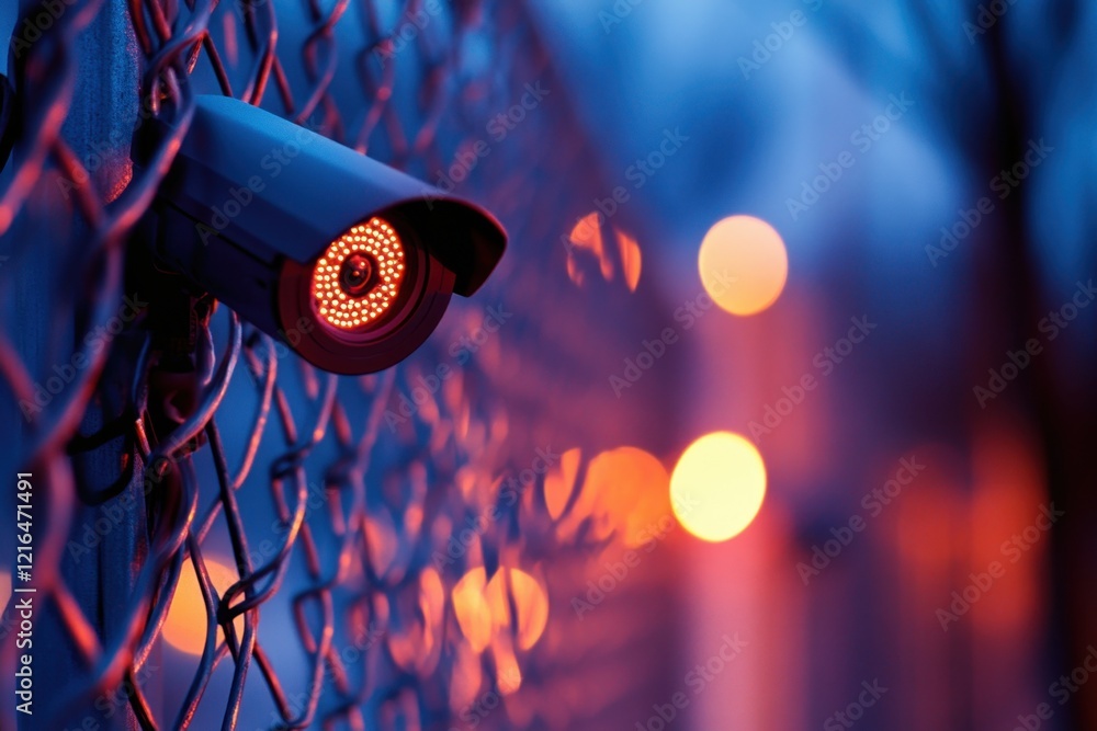 Poster security camera monitoring a fenced area during twilight with glowing lights