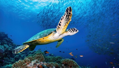 Hawksbill Sea Turtle with Fish School and Vibrant Coral Reef
