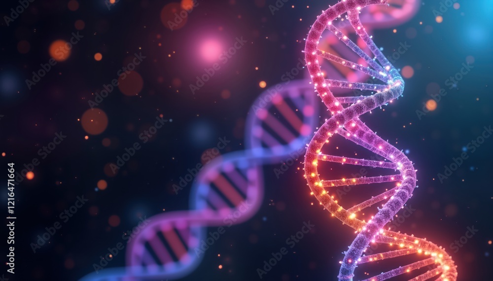 Aufkleber Glowing vibrant DNA double helix structure on dark cosmic backdrop. Neon lights sparkle along helix. Molecular structure highlights bio tech concept. Futuristic science, bio research. Abstract image.