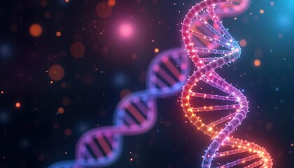 Obraz premium Glowing vibrant DNA double helix structure on dark cosmic backdrop. Neon lights sparkle along helix. Molecular structure highlights bio tech concept. Futuristic science, bio research. Abstract image.