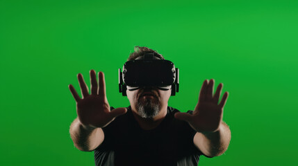 Virtual Reality green screen. gamer performing dramatic motion in VR with green background
