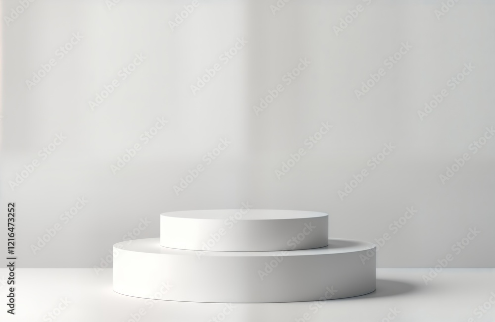 Poster Empty white pedestal display for product presentation. Modern blank design for items on white background. Versatile mockup for various products. Interior scene with simple layout, smooth surfaces.