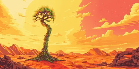 Alien Landscape Featuring a Unique Twisted Tree