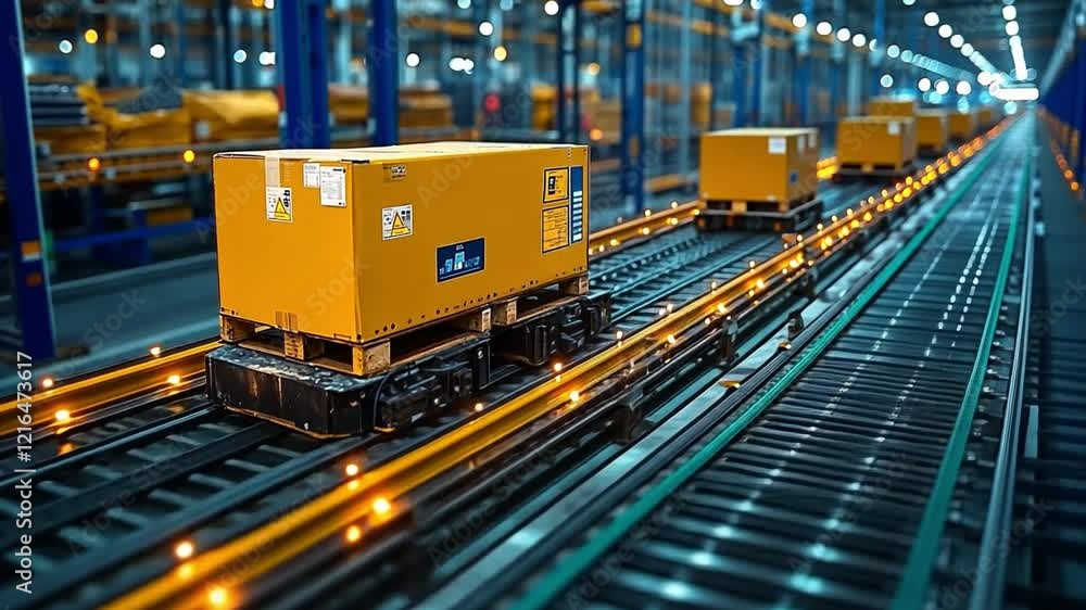 Poster automated delivery system in a warehouse transporting packages on conveyor rail tracks