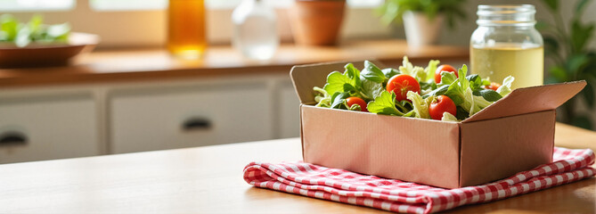 Salad container mockup with fresh greens and cherry tomatoes on table