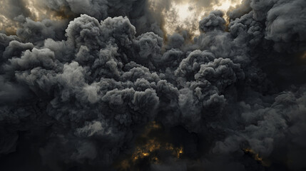 Billowing clouds of black and gray smoke, creating a dramatic texture on a dark background