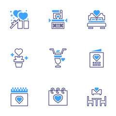 Valentine's Day icon set. Bold line style. Duotone colors. Editable stroke. bed, date, card, valentines day, wedding day, milkshake, plant, typewriter
