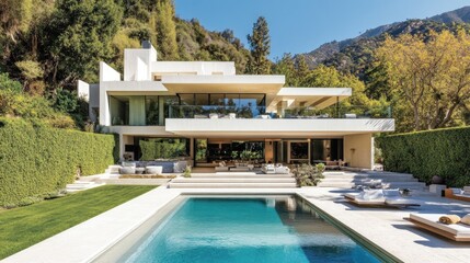 Fototapeta premium Modern Hillside Mansion with Infinity Pool and Stunning Mountain Views: Architectural Marvel in Luxurious Setting