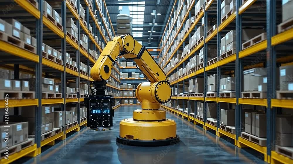 Poster automated robotic arm sorting packages in a modern warehouse during daylight operations