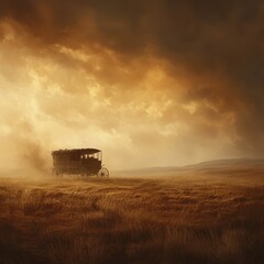 Naklejka premium Stagecoach Journey Across a Dusty Plains Landscape