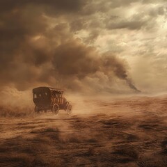 Fototapeta premium Antique Carriage Journey Across Dusty Desert Landscape