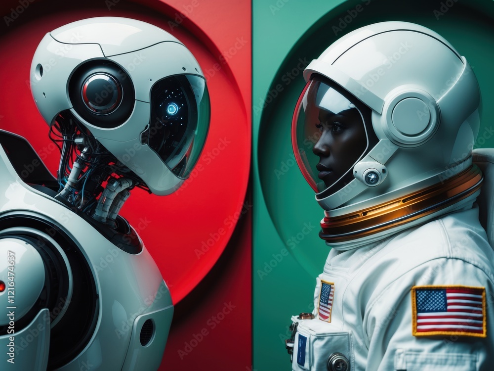 Poster a futuristic robot and astronaut face each other, representing the intersection of technology and ex
