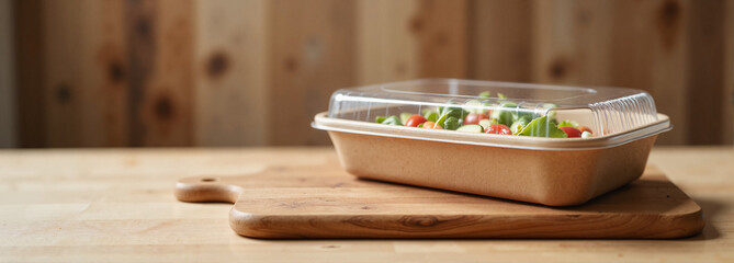 Salad container mockup on wooden cutting board