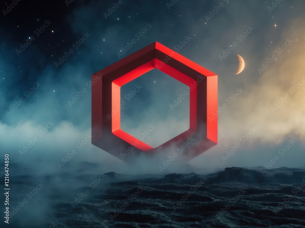Poster a striking red hexagonal shape emerges from misty waters under a starry sky, creating a surreal and 