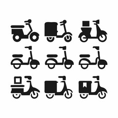 A set of simple, black and white icons representing different types of electric scooters and delivery scooters.