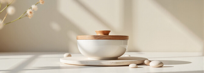 Salad container mockup with wooden lid on minimalist table