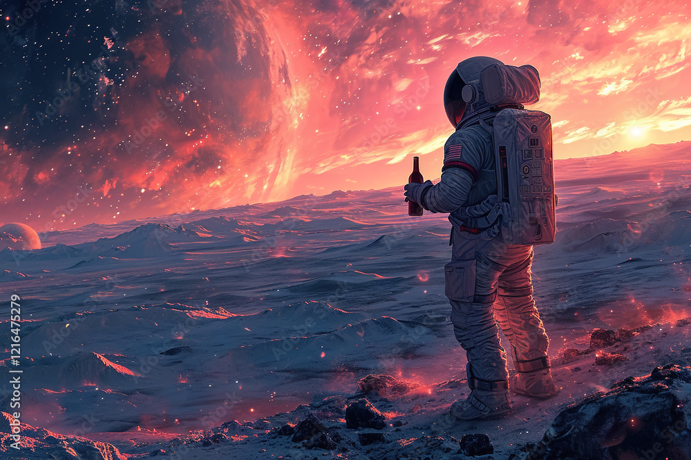 Wall mural back view astronaut in spacesuit with bottle of beer standing on surface of alien planet with pink t