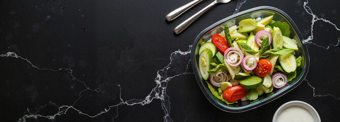 Salad container mockup with fresh vegetables on dark background