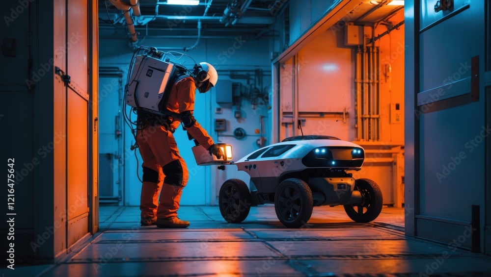 Poster an astronaut interacts with a small robot in a futuristic, illuminated corridor, showcasing advanced