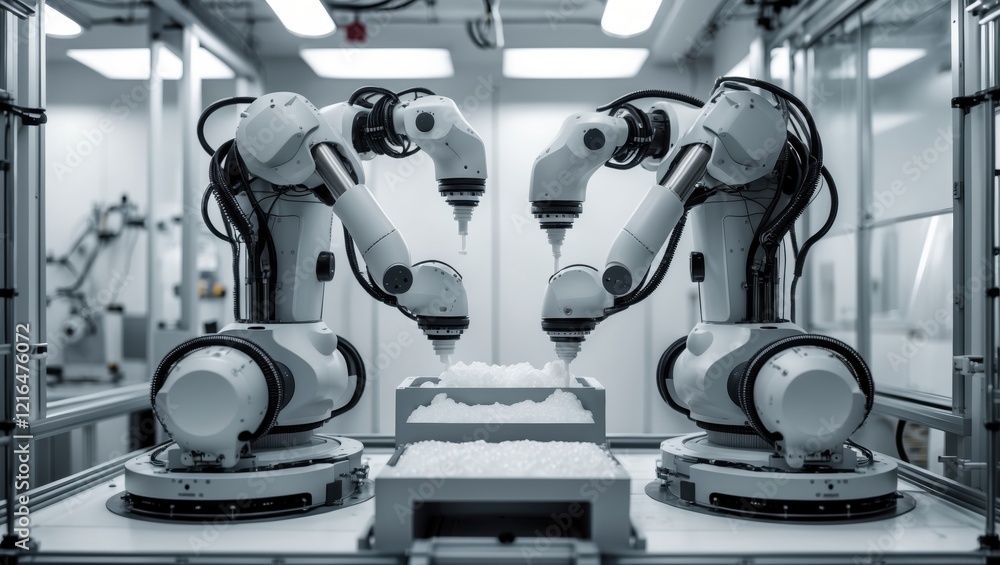 Poster two robotic arms work collaboratively in a high-tech manufacturing environment, emphasizing automati