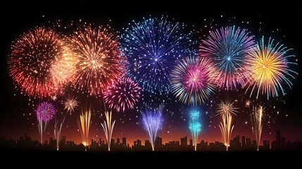 Obraz premium Vibrant Fireworks Display Over City Skyline at Night