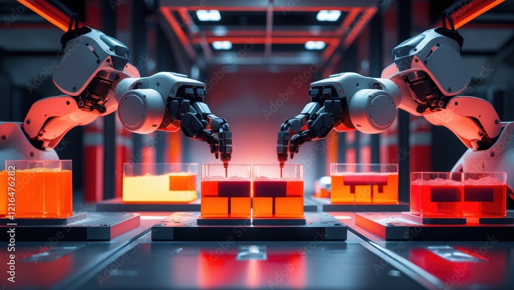 Poster a futuristic scene featuring robotic arms manipulating colorful blocks in a high-tech laboratory set