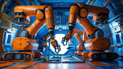 A vibrant scene featuring robotic arms in a futuristic, industrial setting, showcasing automation and advanced technology.