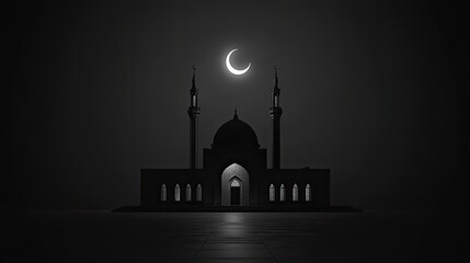 Silhouette of mosque under crescent moon creates serene night at