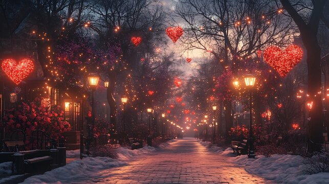 Serene Valentines Day park scene with bouquets of red roses heartfelt romantic gestures pink and red garlands and glittering fairy lights illuminating the evening