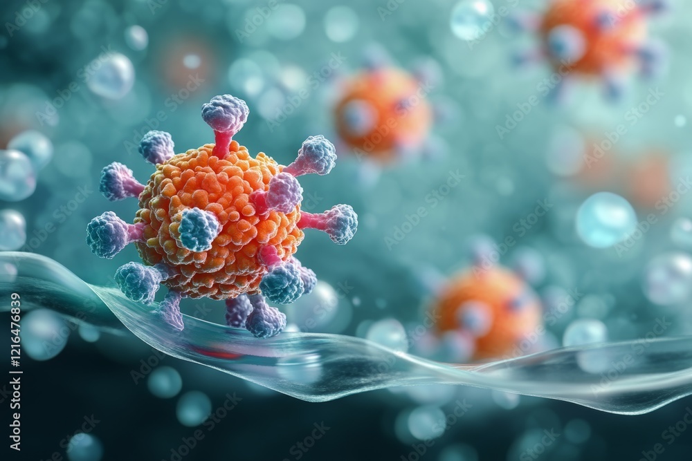 Aufkleber microscopic view numerous red virus cells in a transparent environment, 3d rendering.
