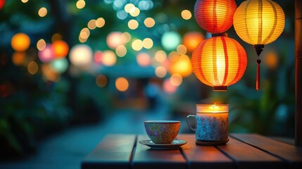 A cozy outdoor dining area illuminated by colorful paper lanterns in shades of orange,