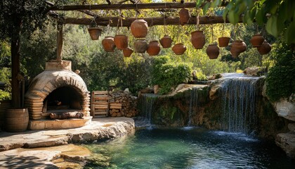 Serene Oasis: Waterfall, Stone Oven, and Hanging Pots in a Lush Garden Paradise