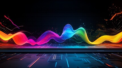 Colorful energy waves flow on dark tech surface; abstract background for tech presentations