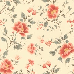 Obraz premium Floral pattern design with vibrant peonies and delicate blossoms on a cream background