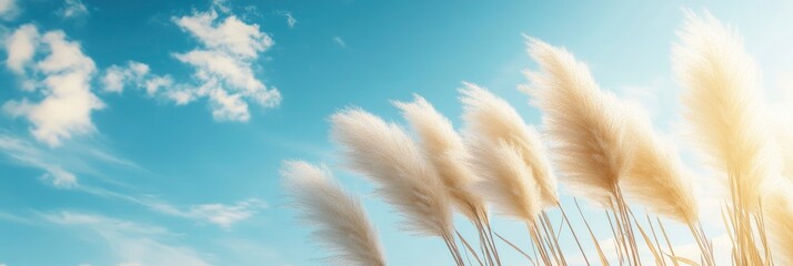 Naklejka premium A row of pampas grass swaying gently in the breeze against a blue sky background