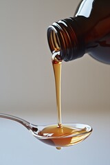 Cough syrup pouring into a clear spoon from a bottle, against a neutral background, symbolizing medicine and health care