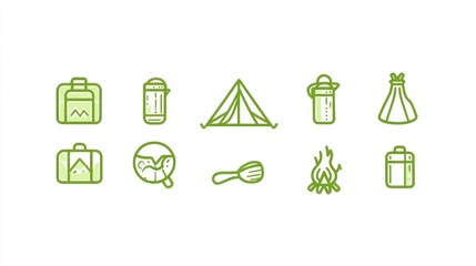 Camping gear icons tent, luggage, kettle, fire; outdoor adventure planning