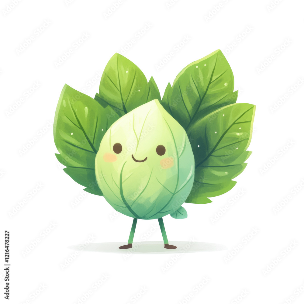 Poster a whimsical illustration of a happy cabbage character with large green leaves and tiny legs.